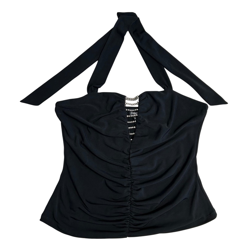 Fredericks of Hollywood Black Halter Top XL Rhinestone Ruched Sleeveless Blouse
